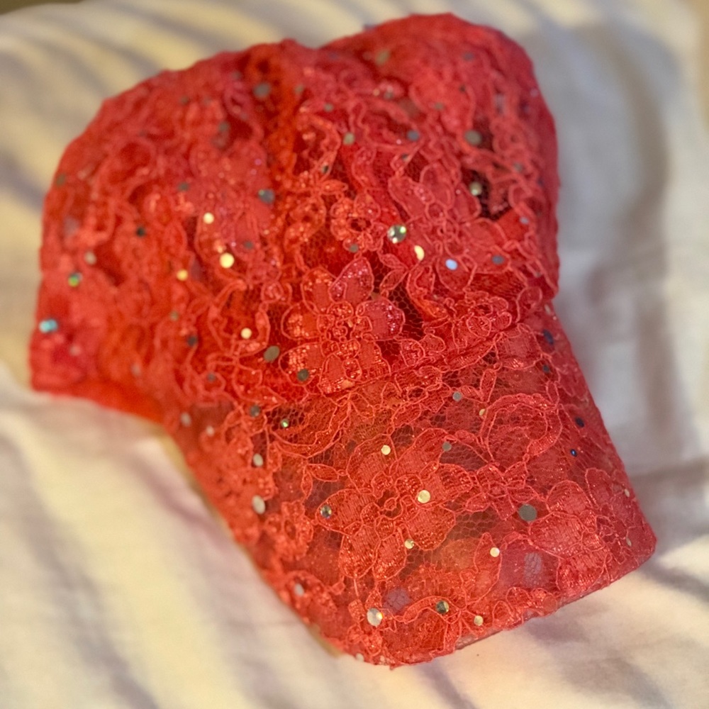 Coral and lace bedazzled hat